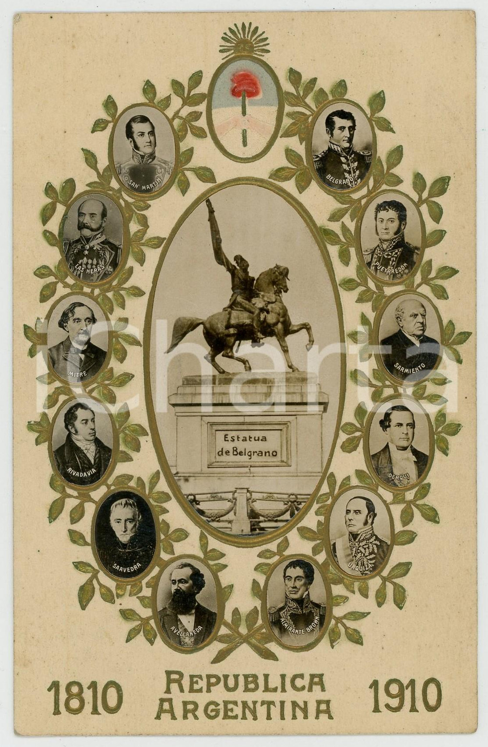 1910 Centenario Republica ARGENTINA - Estatua Belgrano - Tarjeta en relieve Cartolina postale d'epoca, a rilievo, viaggiata.CONDIZIONI: G FORMATO: FP    originale e autentica 1