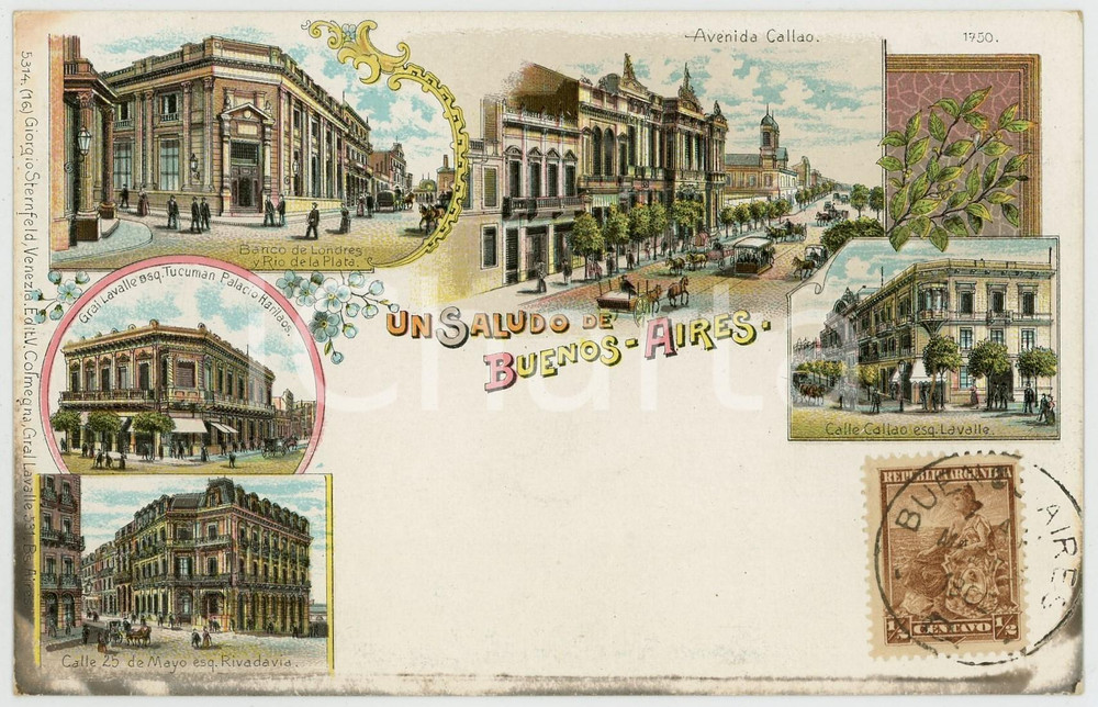 1900 ca BUENOS AIRES (ARGENTINA) Vistas Avenida Callo - Tarjeta postal Cartolina postale d'epoca, stampata in cromolitografia, non viaggiata.CONDIZIONI: GFORMATO: FPEDITORE: V. Colmegna - Buenos Aires    originale e autentica 1