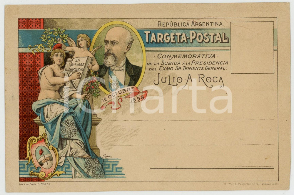 1898 Republica ARGENTINA Presidencia Julio A. ROCA - Tarjeta conmemorativa Cartolina postale d'epoca, non viaggiata.CONDIZIONI: G (ma tracce di adesivo al verso)FORMATO: FP    originale e autentica 1