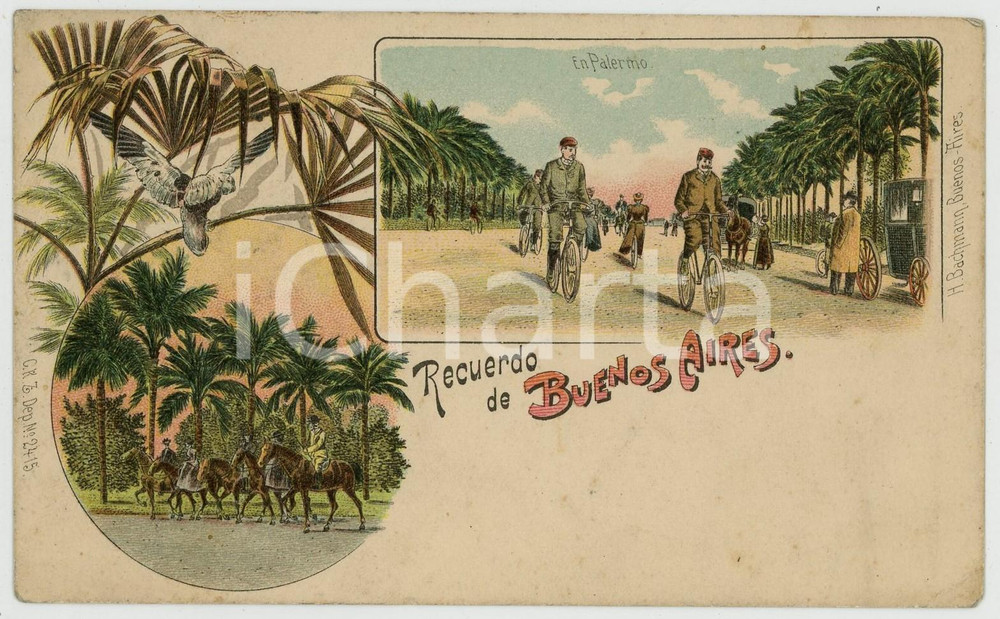 1900 ca BUENOS AIRES (ARGENTINA) Vistas Barrio PALERMO - Tarjeta postal Cartolina postale d'epoca, stampata in cromolitografia, scritta ma non viaggiata.CONDIZIONI: FAIR (minime piegature angolari)FORMATO: 13x8 cmEDITORE: H. Bachmann - Buenos Aires    originale e autentica 1