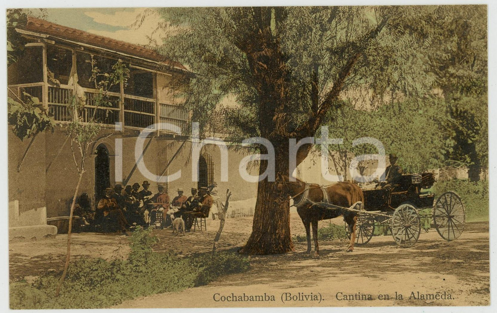 1912 COCHABAMBA (BOLIVIA) Cantina en la Alameda - Cartolina ANIMATA calesse Cartolina postale d'epoca, viaggiata.CONDIZIONI: FAIR (minima piegatura angolare e francobollo asportato)FORMATO: FP    originale e autentica 1
