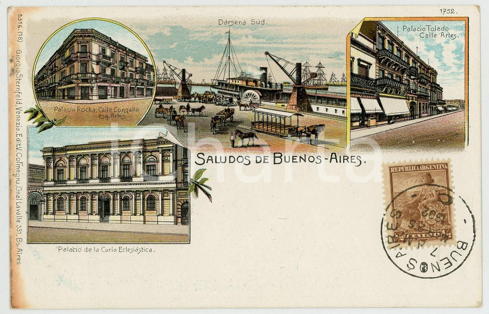1900 ca BUENOS AIRES (ARGENTINA) Vistas Darsena Sud - Tarjeta postal Cartolina postale d'epoca, stampata in cromolitografia, non viaggiata.CONDIZIONI: GFORMATO: FPEDITORE: V. Colmegna - Buenos Aires    originale e autentica 1