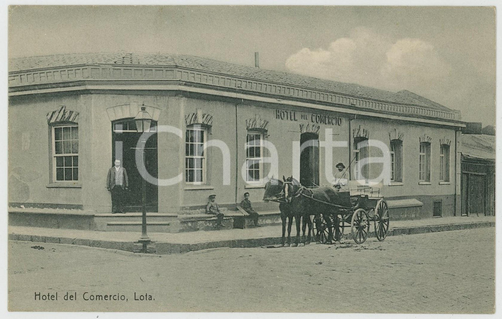 1910 ca LOTA (CHILE) Hotel del Comercio - Cartolina ANIMATA calesse Cartolina postale d'epoca, non viaggiata.CONDIZIONI: G FORMATO: FPEDITORE: Carlos Bivort - Lota    originale e autentica 1