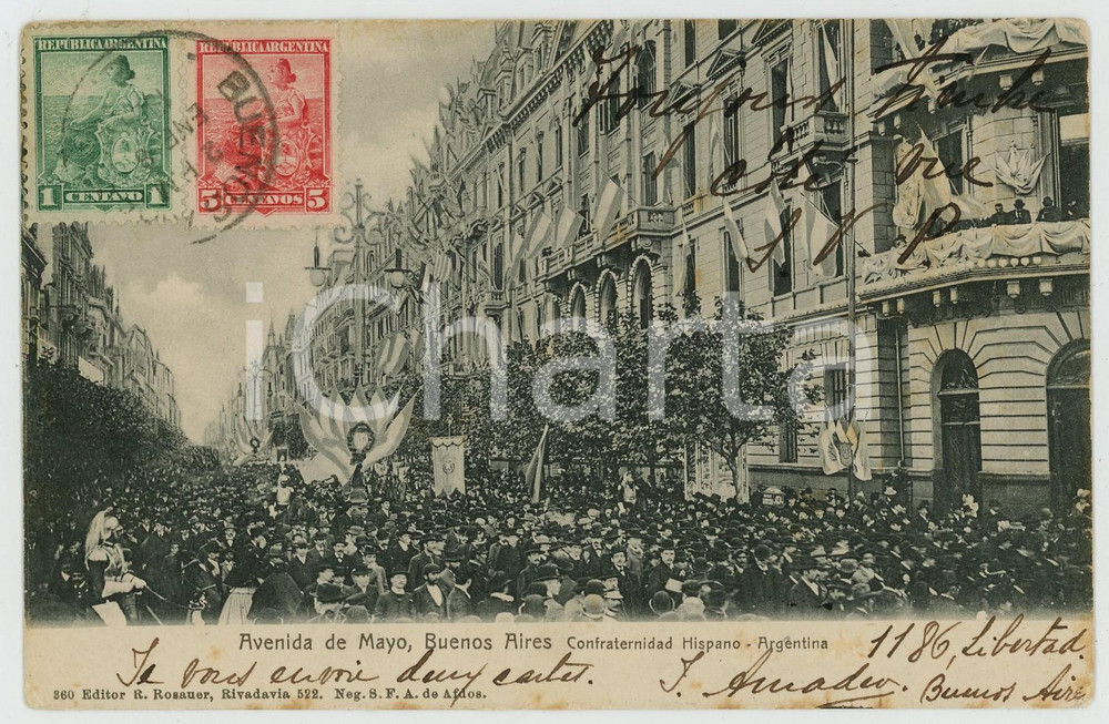 1904 BUENOS AIRES Avenida de Mayo - Confraternidad Hispano-Argentina - Tarjeta Cartolina postale d'epoca, viaggiata.CONDIZIONI: GFORMATO: FP    originale e autentica 1