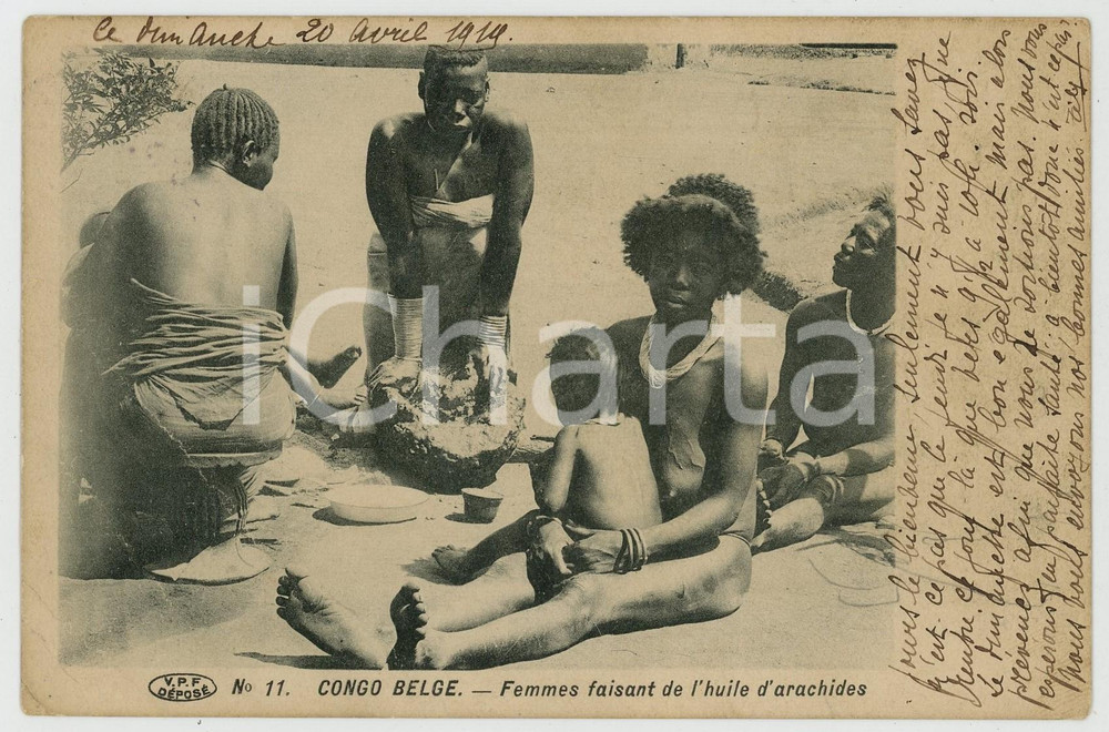 1919 CONGO BELGE Femme faisant de l'huile d'arachides - Colonial French Postcard Cartolina postale d'epoca, viaggiata (ma francobollo asportato).CONDIZIONI: FAIR (piegature angolari)FORMATO: FP    originale e autentica 1