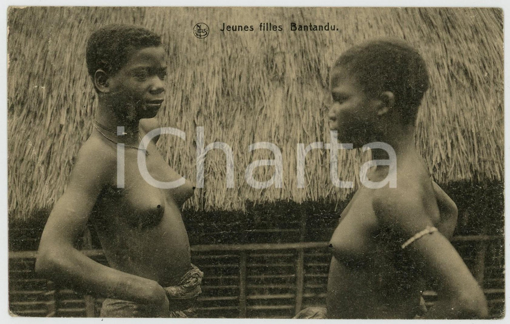 1923 CONGO BELGE Jeunes filles BANTANDU - Vintage Postcard ETHNIC NUDE  Cartolina postale d'epoca, viaggiata (ma francobollo asportato).CONDIZIONI: G (minime abrasioni marginali)FORMATO: FP    originale e autentica 1