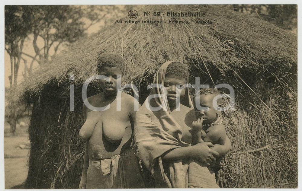 Cartolina originale da collezione 1910 ca ELISABETHVILLE  CONGO Au village indigÃ¨ne  Femmes ANGOLA Carte postale 1