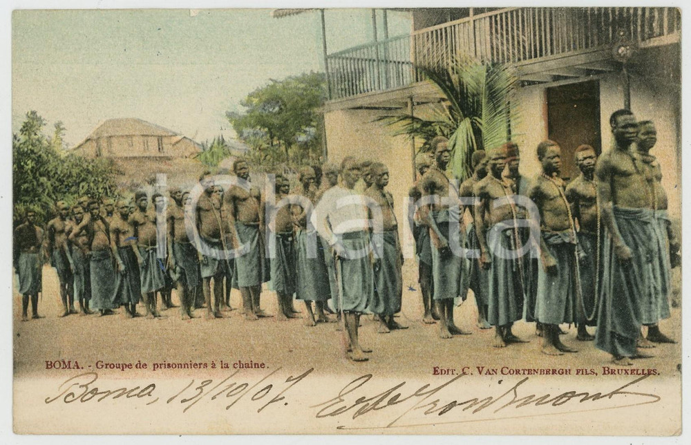 1907 CONGO BELGE BOMA Groupe de prisonniers à la chaine ^Carte postale coloniale  Cartolina postale d'epoca, viaggiata.CONDIZIONI: GFORMATO: FP    originale e autentica 1