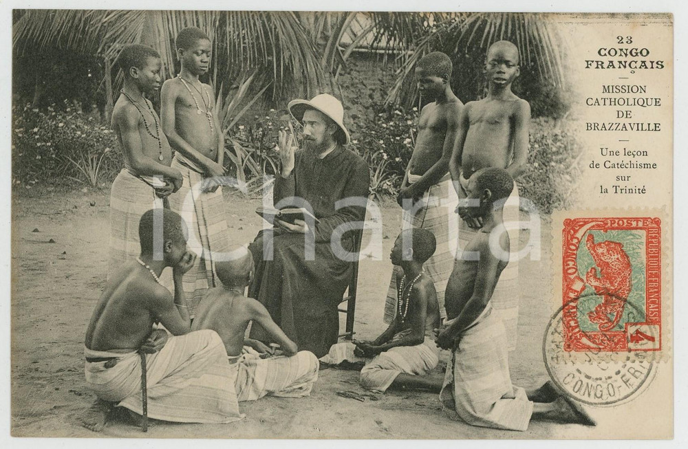 Cartolina originale da collezione 1900 ca CONGO FRANÃ‡AIS Mission Catholique BRAZZAVILLE CathÃ©chisme Carte Postale 1