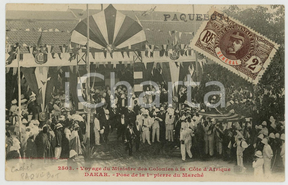 1908 DAKAR (SENEGAL) Voyage du Ministre des Colonies *Pose 1ère pierre du Marché Cartolina postale d'epoca, viaggiata.Timbro "Paquebot".CONDIZIONI: FAIR (piegatura angolare)FORMATO: FP    originale e autentica 1