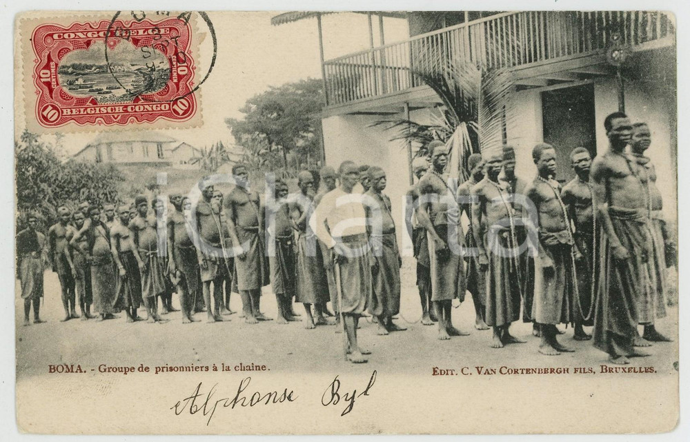 1912 CONGO BELGE BOMA Groupe de prisonniers à la chaine *Carte postale coloniale  Cartolina postale d'epoca, viaggiata.CONDIZIONI: G (lievi smussature angolari)FORMATO: FP    originale e autentica 1