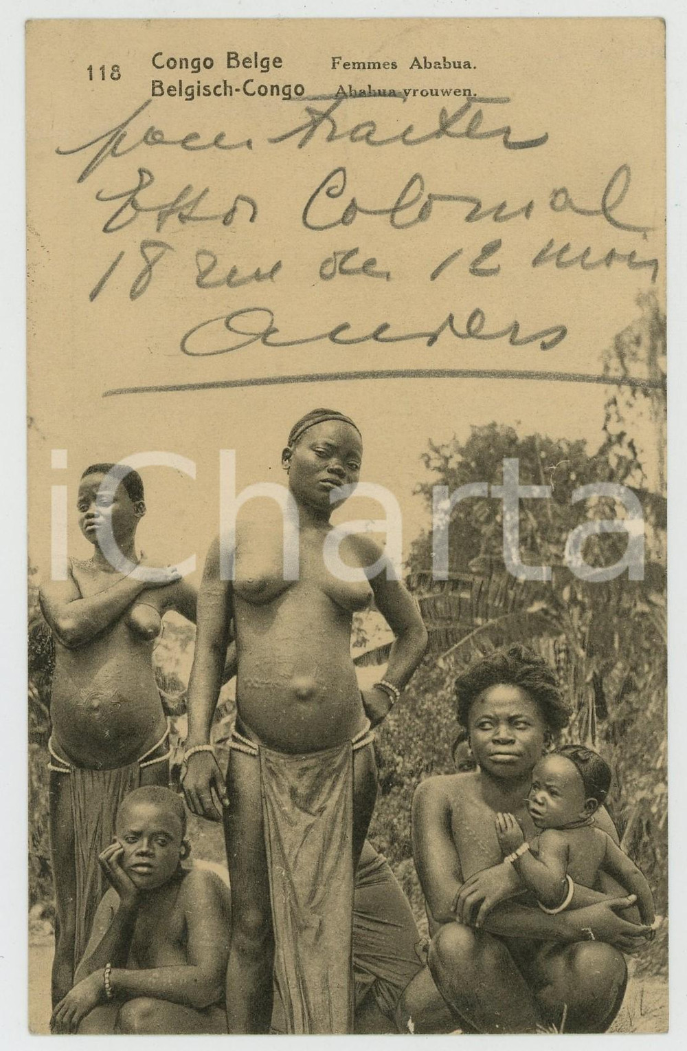 1924 AFRIQUE CONGO BELGE Femmes ABABUA - Postcard ETHNIC NUDE Cartolina postale d'epoca, viaggiata.CONDIZIONI: FAIR (piegatura al lato superiore; millimetrica sbrecciatura al lato inferiore)FORMATO: FP    originale e autentica 1