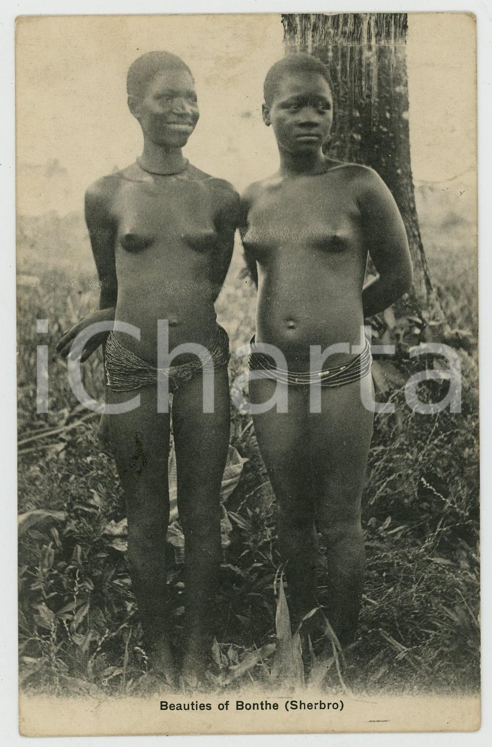 1910 SIERRA LEONE BONTHE / Sherbro Island - Women - Postcard ETHNIC NUDE Cartolina postale d'epoca, viaggiata (ma francobollo asportato).CONDIZIONI: G (minimo residuo di colla) FORMATO: FP    originale e autentica 1