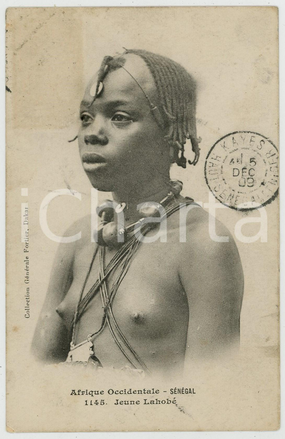 1909 ETHNIC NUDE Afrique Occidentale SENEGAL - Jeune Lahobé - Postcard Cartolina postale d'epoca, viaggiata (ma francobollo asportato).FORMATO: FPCONDIZIONI: G    originale e autentica 1