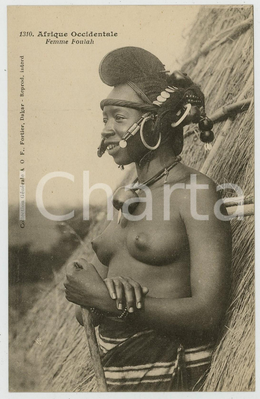 1920 ca AFRIQUE OCCIDENTALE Fille FOULAH - Postcard 1310 ed. FORTIER ETHNIC NUDE Cartolina postale d'epoca, non viaggiata.CONDIZIONI: GFORMATO: FPEDITORE: Fortier - Dakar    originale e autentica 1