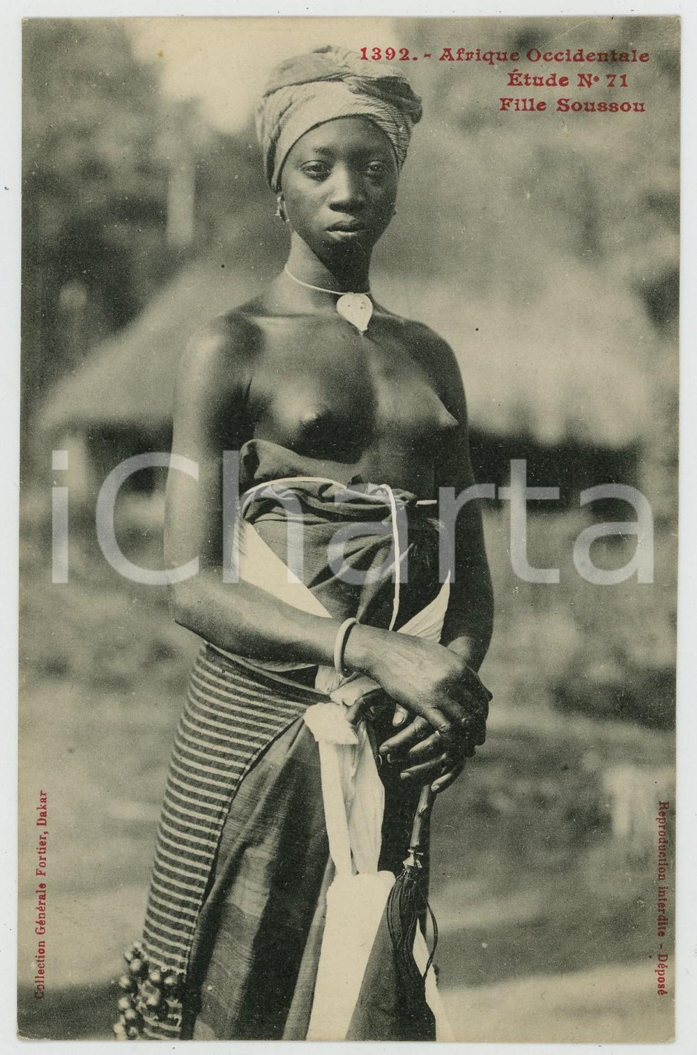 1920 ca AFRIQUE OCCIDENTALE Fille Soussou - Etude n.71 NU ETHNIQUE Carte postale  Cartolina postale d'epoca, non viaggiata.EDITORE: Collection g&eacute;n&eacute;rale Fortier, DakarCONDIZIONI: GFORMATO: FP    originale e autentica 1