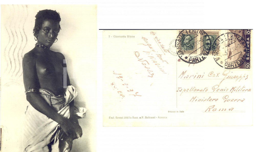 1937 AFRICA - ERITREA ITALIANA Giovinetta BILENA - Cartolina ETHNIC NUDE Cartolina postale d'epoca, viaggiata.CONDIZIONI: GFORMATO: FPEDITORE: Beltrami - Asmara    originale e autentica 1
