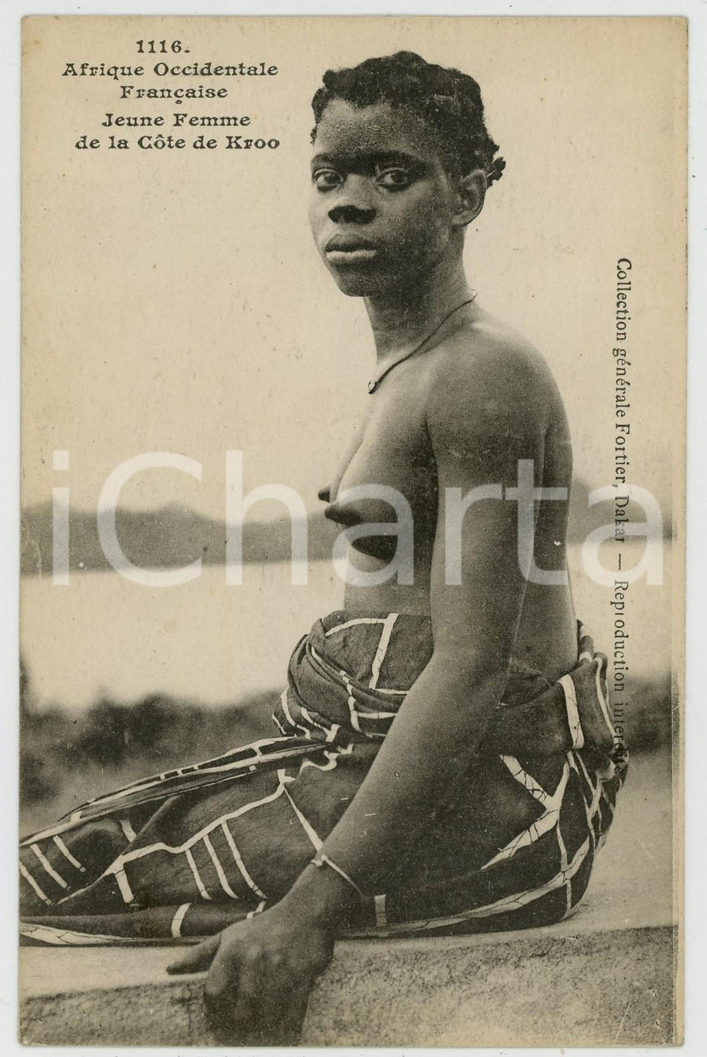 Cartolina originale da collezione 1910 ca AFRIQUE OCCIDENTALE FRANÃ‡AISE  Jeune femme de la CÃ´te de KROO Postcard 1