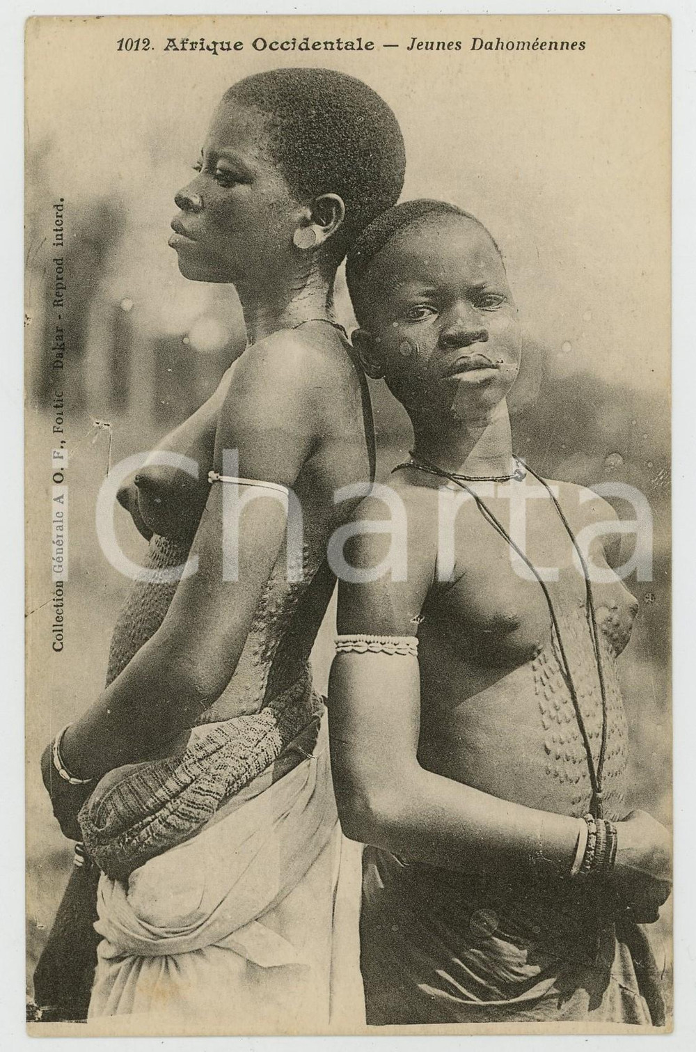 1910 AFRIQUE OCCIDENTALE Jeunes Dahoméennes ^Postcard ETHNIC NUDE Scarification Cartolina postale d'epoca, non viaggiata.CONDIZIONI: F (piegatura al lato superiore)FORMATO: FPEDITORE: Fortier - Dakar    originale e autentica 1