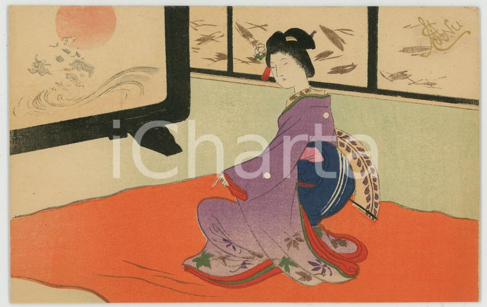 1910 ca JAPAN UKIYO-E Geisha dancing with a fan  - Illustrated card  Biglietto non compilato, illustrato.CONDIZIONI: GFORMATO: 14x9 cm    originale e autentica 1