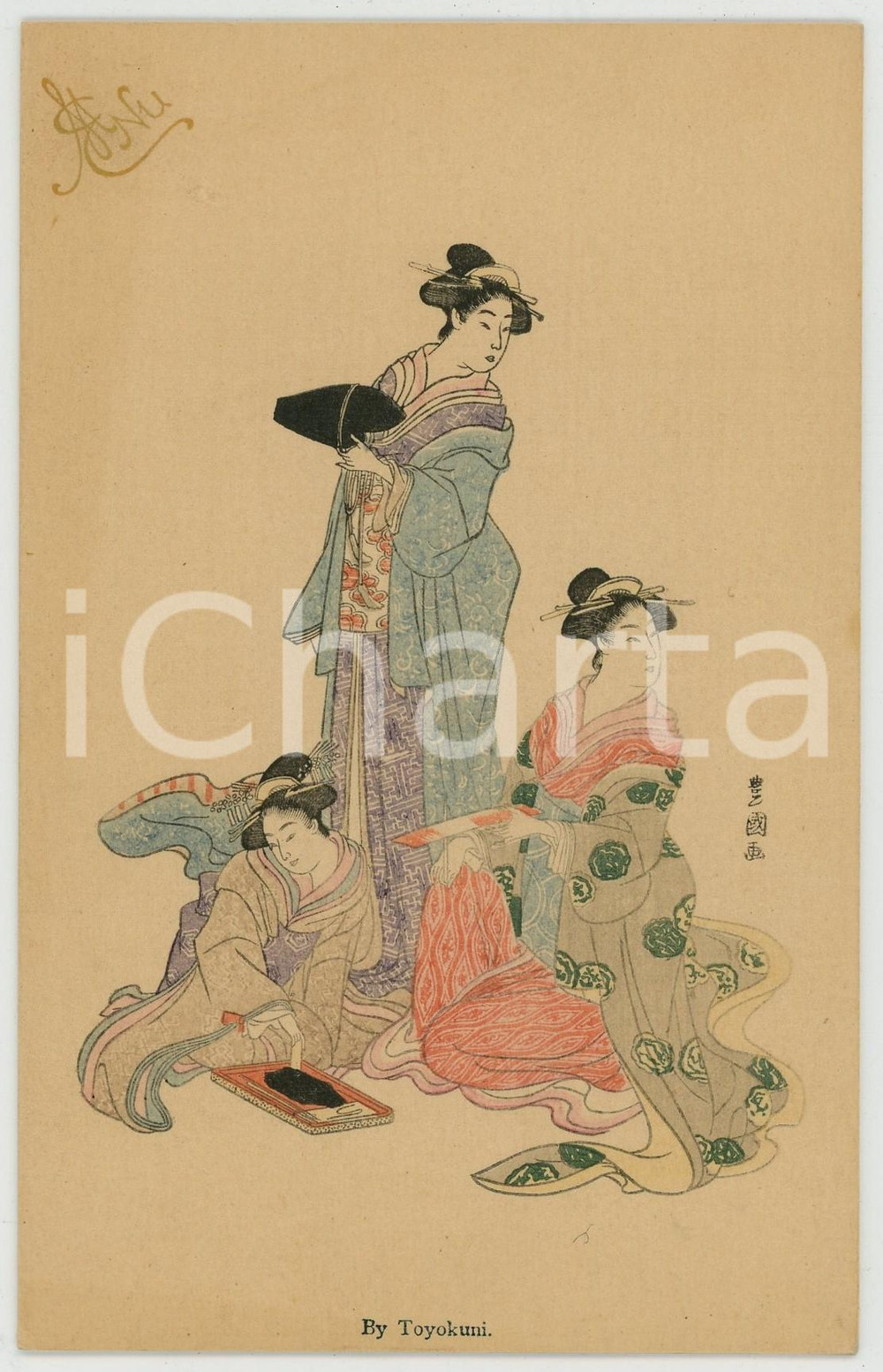 1910 ca JAPAN UKIYO-E Artist Utagawa TOYOKUNI - Three women - MENU card  Menu in forma di biglietto, non compilato, illustrato.CONDIZIONI: GFORMATO: 14x9 cm    originale e autentica 1