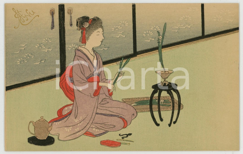 1910 ca JAPAN UKIYO-E Woman geisha arranging flowers - Illustrated MENU card  Menu in forma di biglietto, non compilato, illustrato.CONDIZIONI: GFORMATO: 14x9 cm    originale e autentica 1