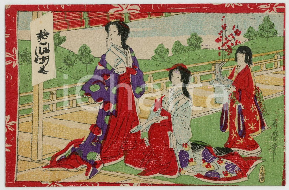 1910 ca JAPAN Group of women in kimonos - DAMEGED illustrated postcard  Cartolina postale d'epoca, con illustrazione a colori.Non viaggiata.CONDIZIONI: POOR (evidenti abrasioni al verso)FORMATO: FP    originale e autentica 1