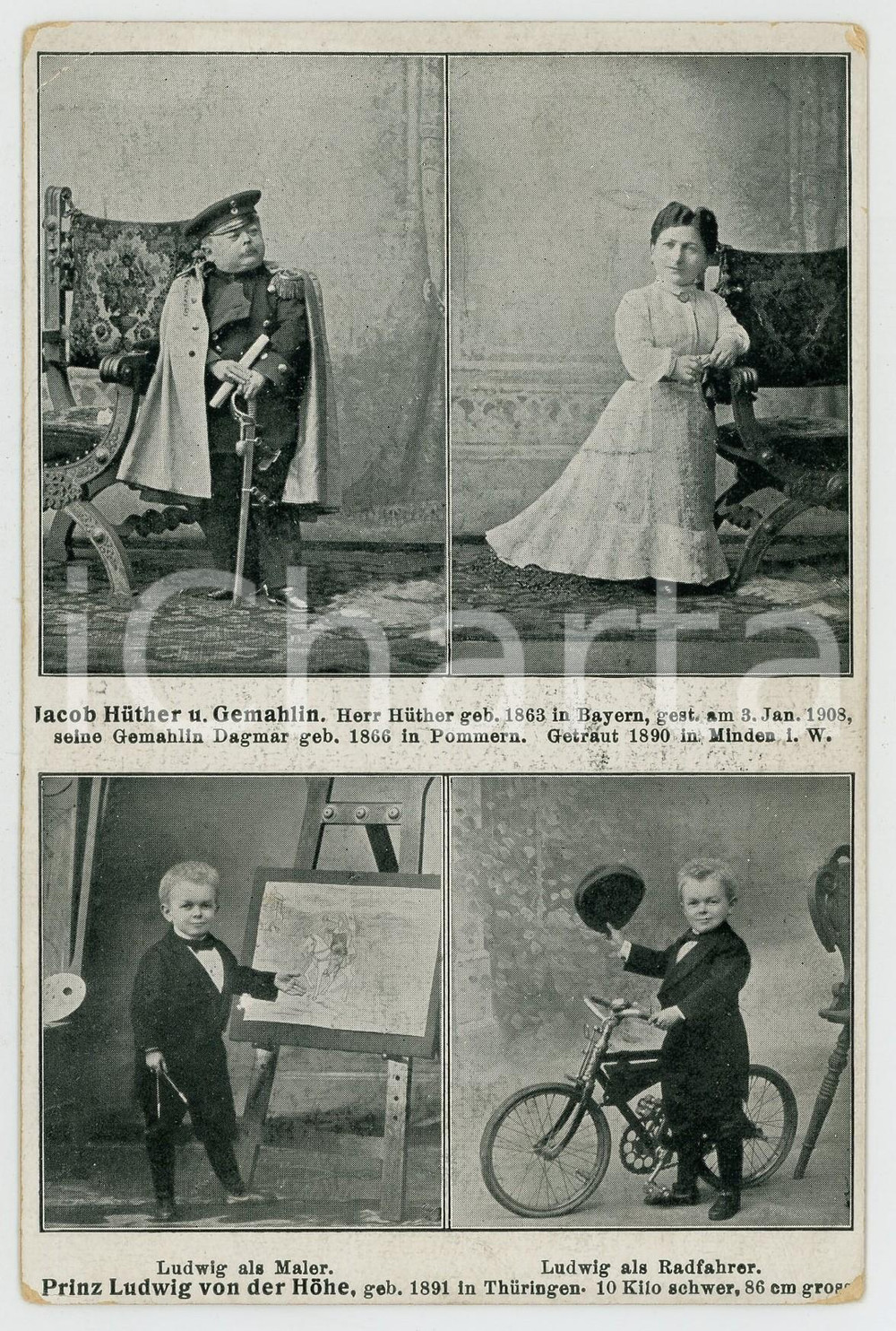 1910 ca GERMANY MIDGETS Jacob HUTHER Ludwig von der Höhe - Postcard  Cartolina postale d'epoca, non viaggiata.CONDIZIONI: FAIR (piegature angolari e minime smussature)FORMATO: FP    originale e autentica 1