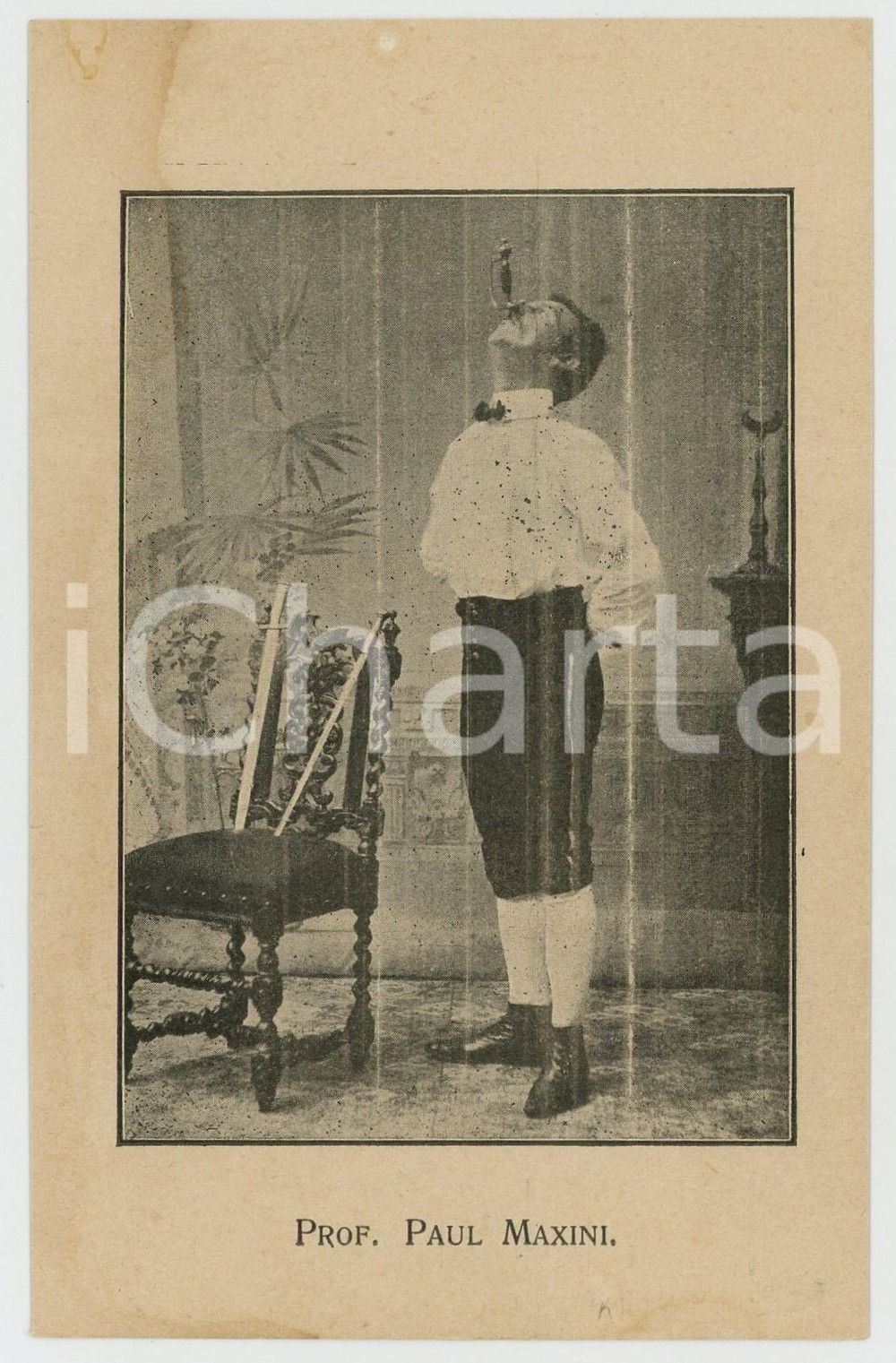 1900 ca CIRCUS Prof. Paul MAXINI sword swallower - Postcard  Cartolina postale d'epoca, non viaggiata.CONDIZIONI: POOR (danni da umidit&agrave; al lato sinistro)FORMATO: FP    originale e autentica 1
