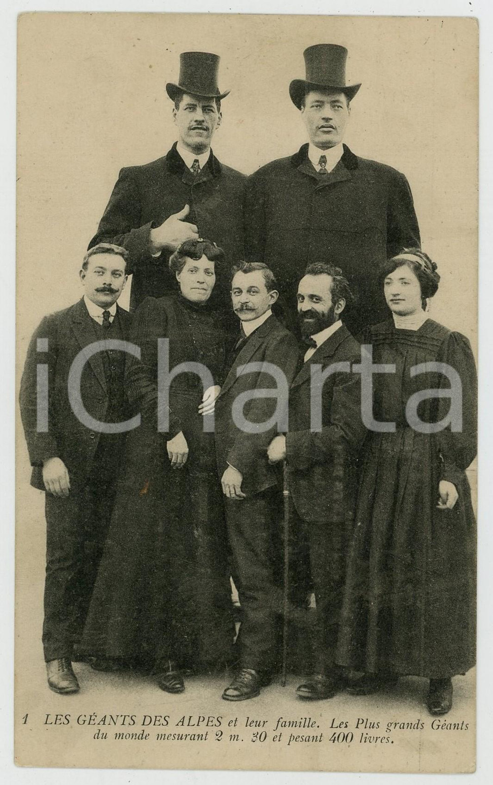 1910 ca LES GEANTS DES ALPES Famille HUGO- Les plus grands du monde *Postcard  Cartolina postale d'epoca, non viaggiata.Notizie biografiche al verso. GOOD/buono  Formato: 9x14 cm originale e autentica 1