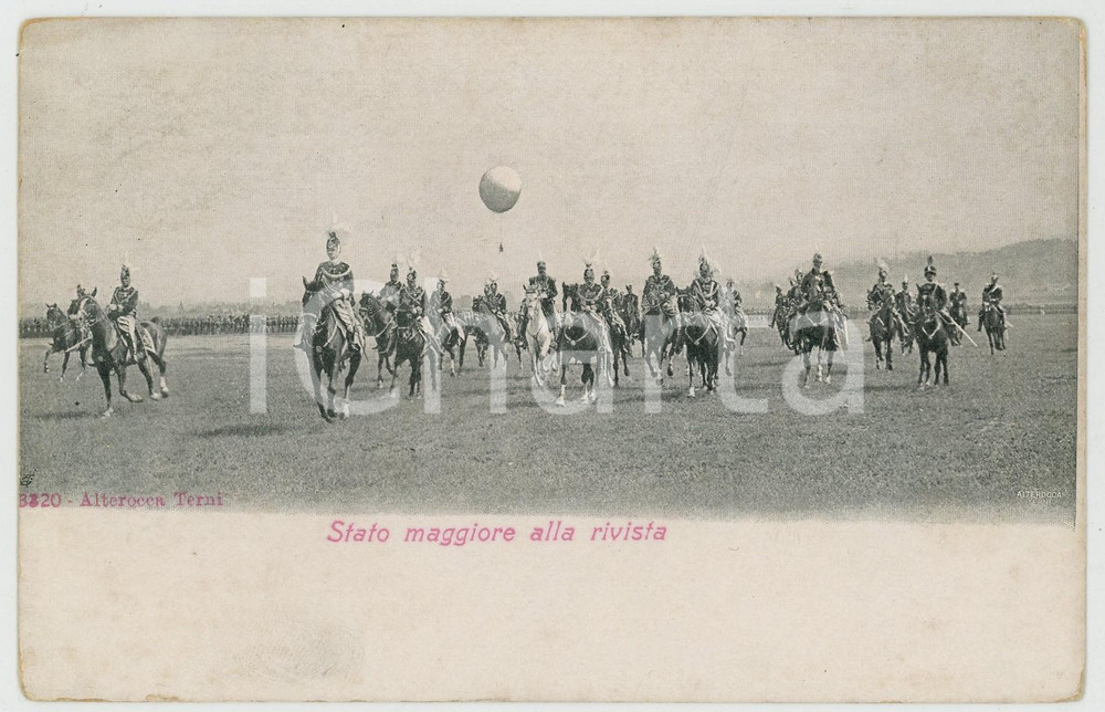 1906 ITALIA REGIO ESERCITO Stato Maggiore alla rivista - Cartolina Alterocca  Cartolina postale d'epoca, viaggiata (ma francobollo quasi completamente asportato).CONDIZIONI: G (minime abrasioni marginali)FORMATO: 14x9 cm    originale e autentica 1