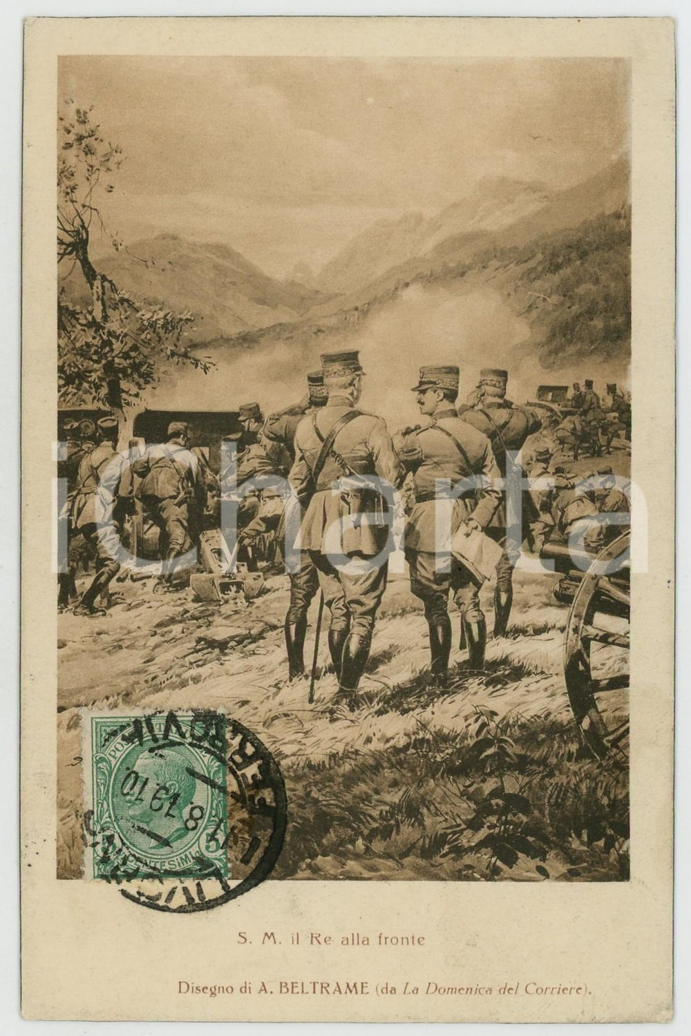 1919 WW1 Artista Achille BELTRAME - S. M. il Re alla fronte - Cartolina  Cartolina postale d'epoca, viaggiata.CONDIZIONI: GFORMATO: 9x14 cm    originale e autentica 1