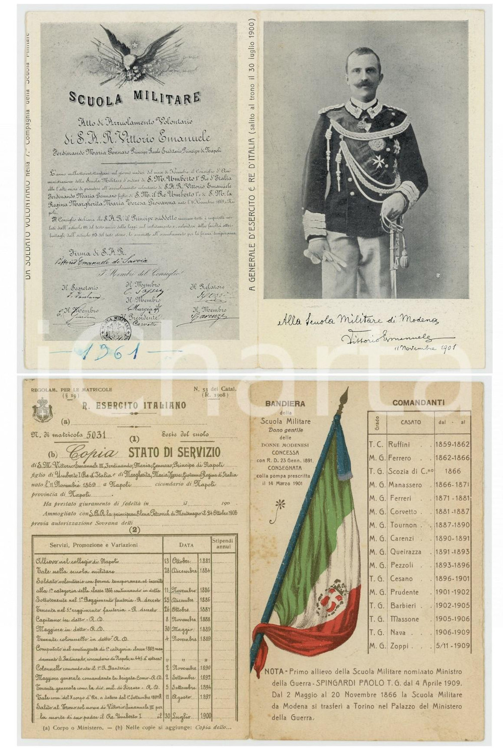 1961 Scuola Militare MODENA - Biglietto stampa anastatica - REGIO ESERCITO Biglietto realizzato in stampa anastatica, che riproduce sulle quattro facciate documenti relativi alla vita della Scuola Militare.CONDIZIONI: F (lievi fioriture)FORMATO: 9x14 cm    originale e autentica 1