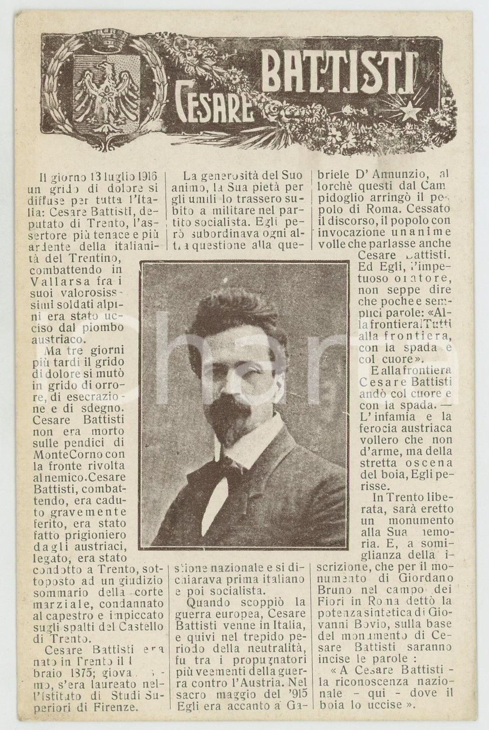 1920 ca WW1 - IRREDENTISMO In memoria di Cesare BATTISTI Cartolina FP NV  Cartolina postale d'epoca, non viaggiata.EDITORE: Libreria Editrice Nazionalista - Milano GOOD/buono  Formato: FP originale e autentica 1