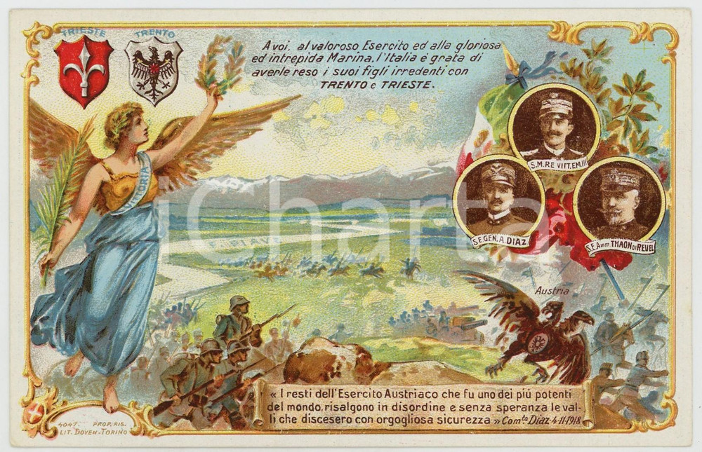1920 ca WW1 - IRREDENTISMO Vittorio Emanuele III - Armando DIAZ Cartolina FP NV  Cartolina postale d'epoca, non viaggiata. GOOD/buono  Formato: FP originale e autentica 1