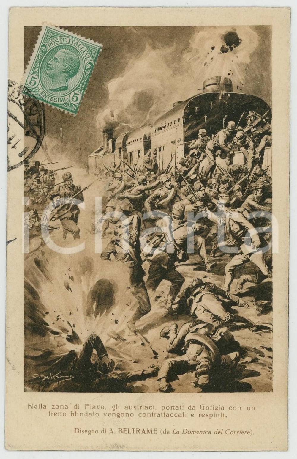 1919 WW1 Achille BELTRAME - Austriaci sul treno respinti a Plava  - Cartolina  Cartolina postale d'epoca, viaggiata.CONDIZIONI: GFORMATO: 9x14 cm    originale e autentica 1