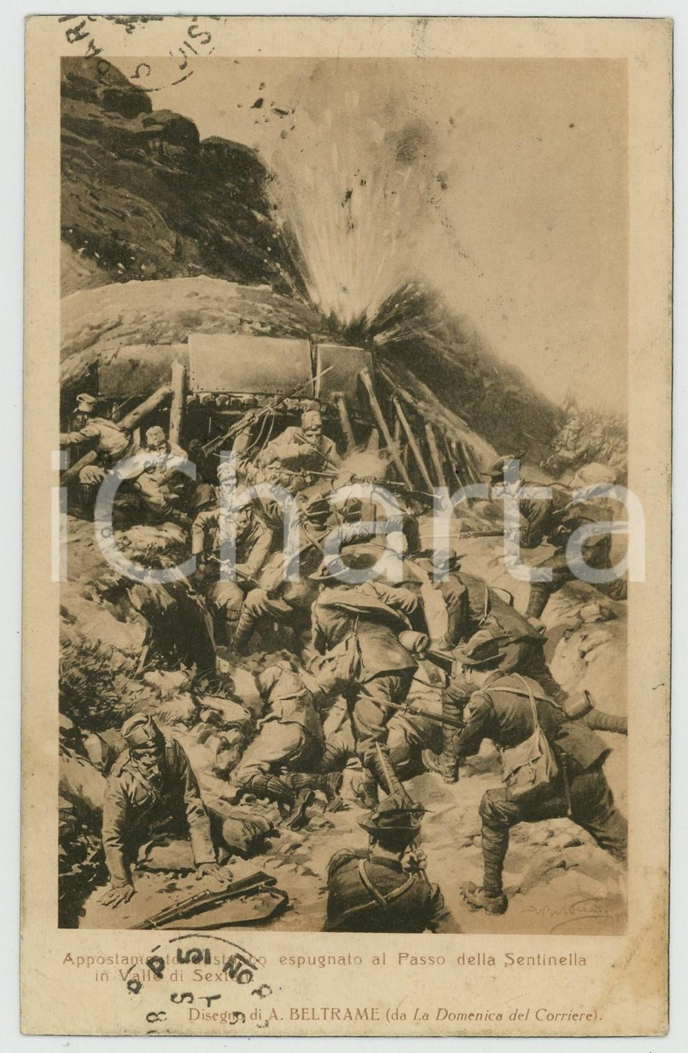 1919 WW1 Achille BELTRAME - Appostamento al Passo della Sentinella *Cartolina  Cartolina postale d'epoca, viaggiata nel 1920 (circa).CONDIZIONI: F (ingiallimenti)FORMATO: 9x14 cm    originale e autentica 1