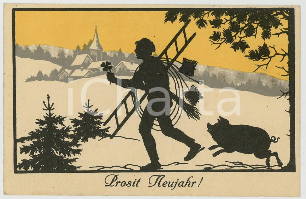 1910 ca PROSIT NEUJAHR Chimney sweep, four-leaf clover and pigs - Postcard FP NV  Cartolina postale d'epoca, non viaggiata. FAIR/discreto Lievi smussature agli angoli Formato: FP originale e autentica 1