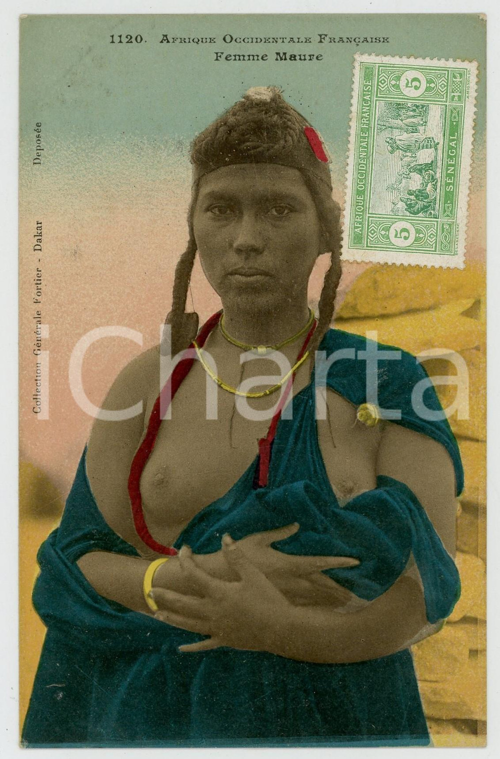 1920ca AFRIQUE OCCIDENTALE FRANÇAISE Femme Maure NU ETHNIQUE Carte postale FP NV  Cartolina postale d'epoca, non viaggiata.EDITORE: Collection g&eacute;n&eacute;rale Fortier, DakarCONDIZIONI: FAIRFORMATO: FP    originale e autentica 1