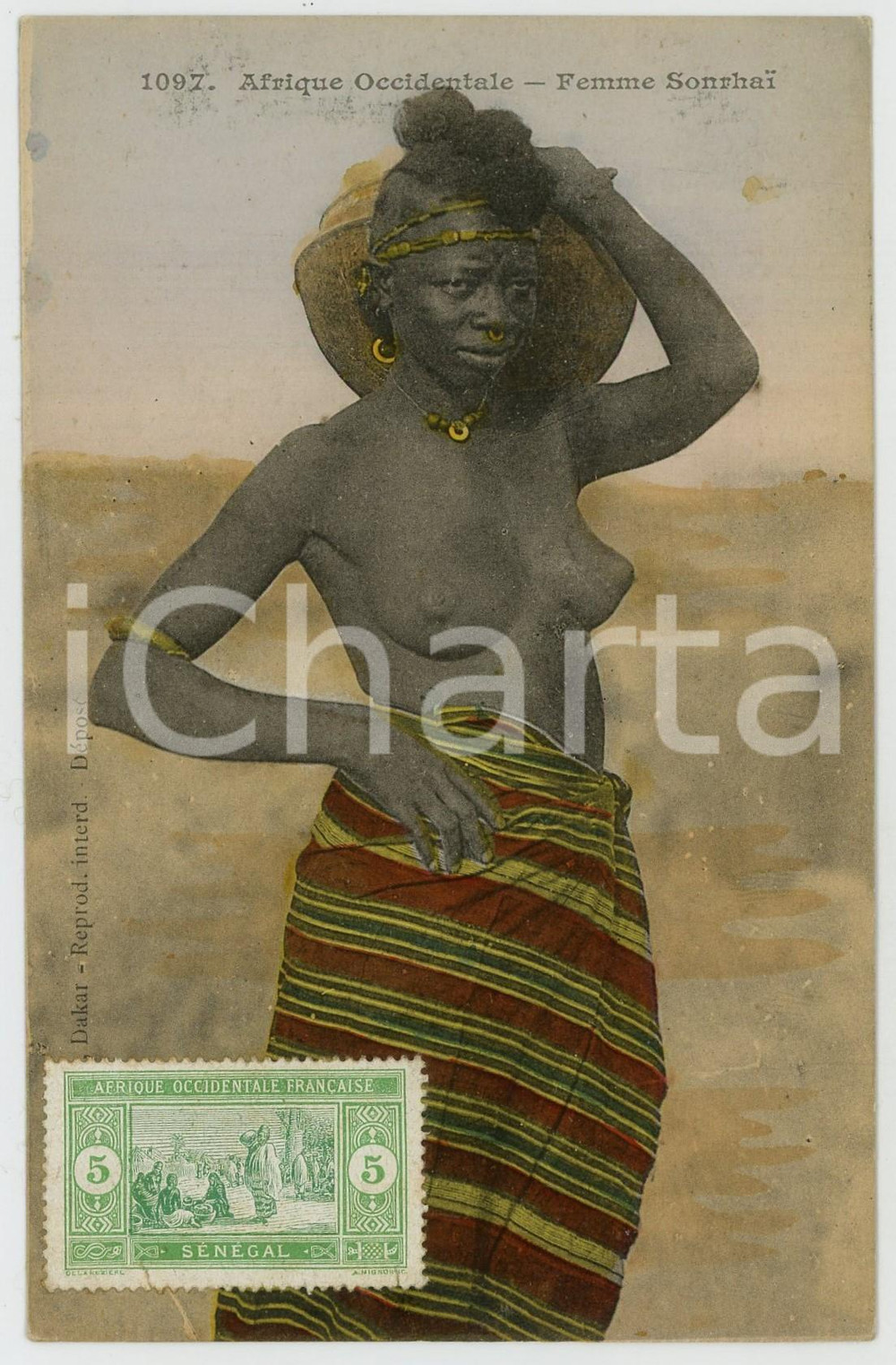 1920ca AFRIQUE OCCIDENTALE Femme Sonrhai NU ETHNIQUE Carte postale FP NV  Cartolina postale d'epoca, non viaggiata.EDITORE: Collection g&eacute;n&eacute;rale Fortier, DakarCONDIZIONI: FAIRFORMATO: FP    originale e autentica 1