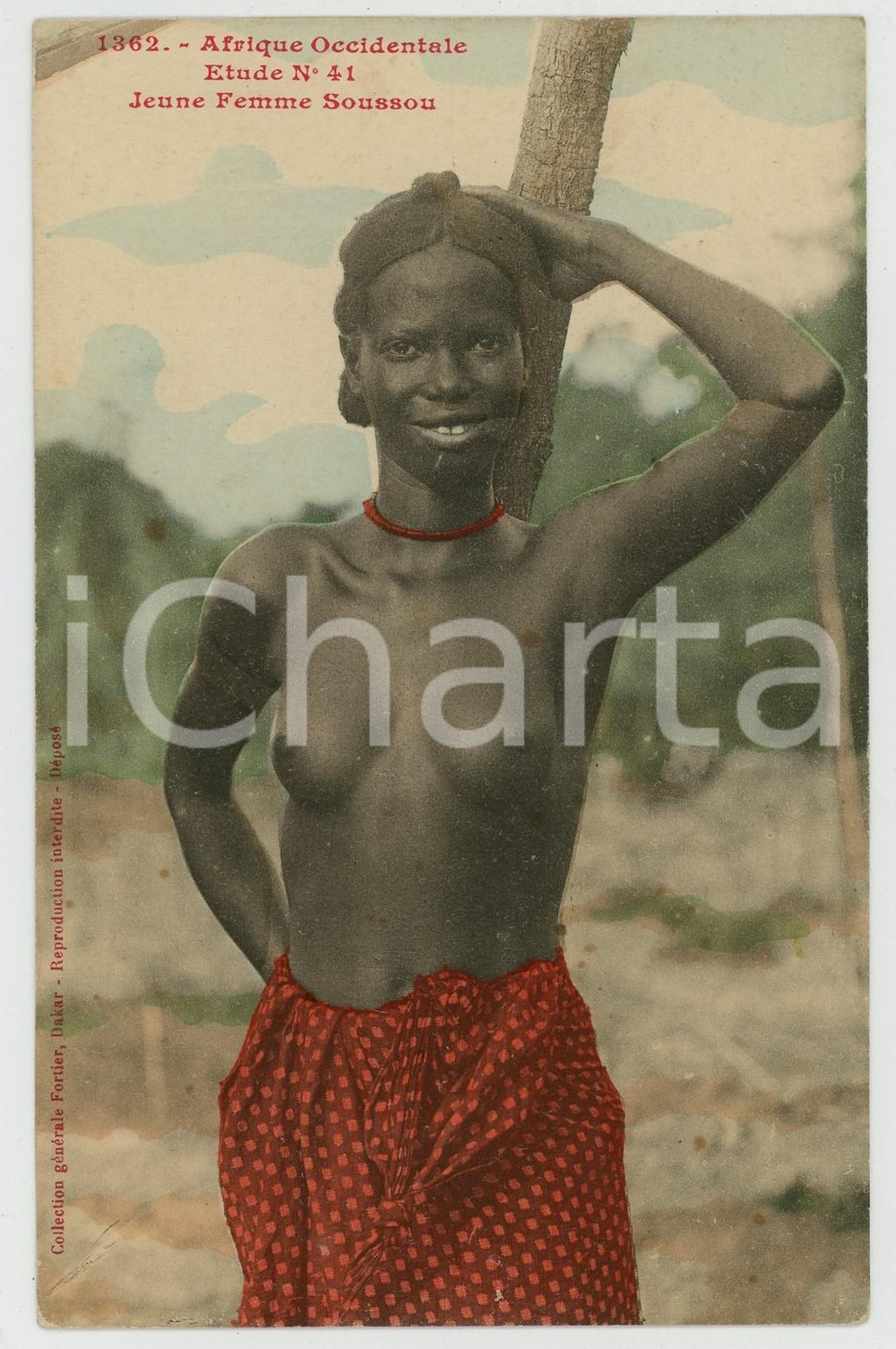 1920 AFRIQUE OCCIDENTALE Jeune Femme Soussou Etude 41 NU ETHNIQUE Carte postale  Cartolina postale d'epoca, non viaggiata.EDITORE: Collection g&eacute;n&eacute;rale Fortier, DakarCONDIZIONI: FAIRFORMATO: FP    originale e autentica 1