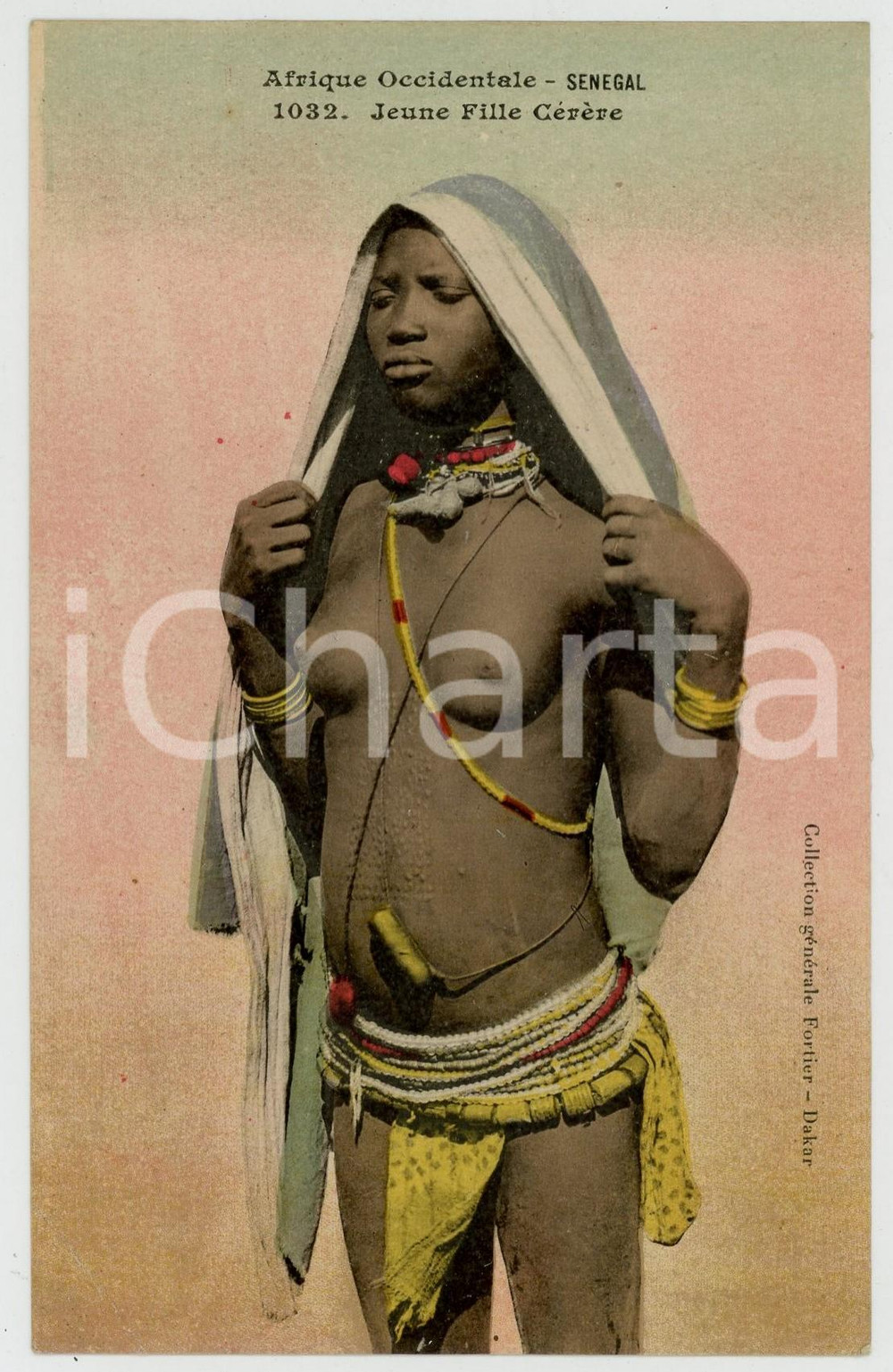 1920ca SENEGAL AFRIQUE OCCIDENTALE Jeune fille Cérère NU ETHNIQUE Carte postale  Cartolina postale d'epoca, non viaggiata.EDITORE: Collection g&eacute;n&eacute;rale Fortier, DakarCONDIZIONI: FAIR (piegatura all'angolo inferiore sinistro)FORMATO: FP    originale e autentica 1