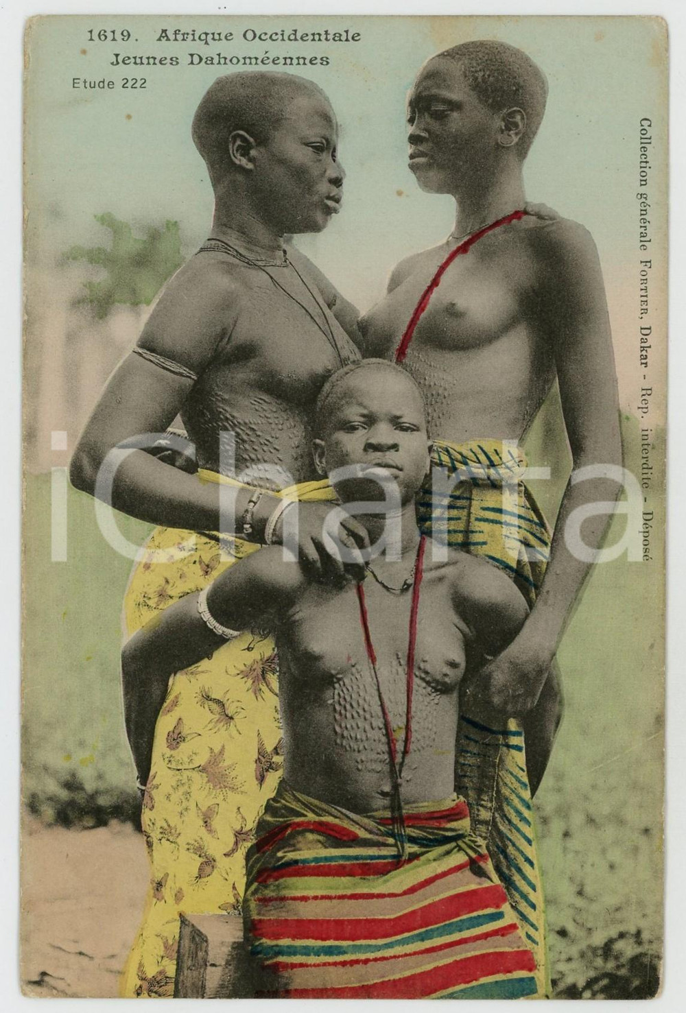 1920 AFRIQUE OCCIDENTALE Jeunes Dahoméennes Etude 222 NU ETHNIQUE Carte postale  Cartolina postale d'epoca, non viaggiata.EDITORE: Collection g&eacute;n&eacute;rale Fortier, DakarCONDIZIONI: FAIR (smussature agli angoli)FORMATO: FP    originale e autentica 1