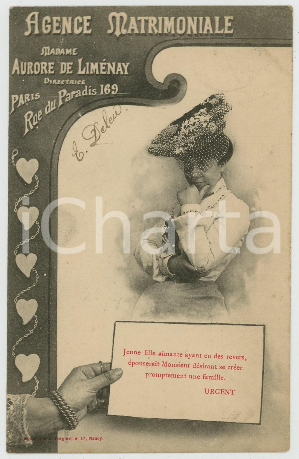 1903 PARIS Agence matrimoniale Aurore de LIMENAY - Carte postale jeune fille  Cartolina pubblicitaria, originale d'epoca, viaggiata. GOOD/buono  Formato: 14x9 cm originale e autentica 1