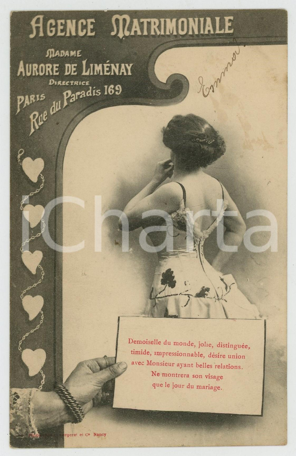 1903 PARIS Agence matrimoniale Aurore de LIMENAY - Carte postale demoiselle  Cartolina pubblicitaria, originale d'epoca, viaggiata. GOOD/buono lievi bruniture Formato: 14x9 cm originale e autentica 1