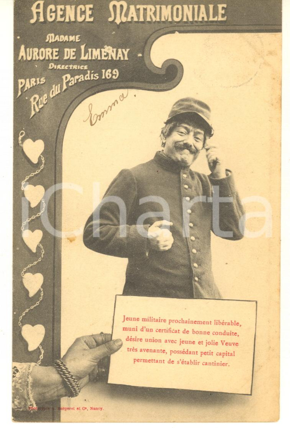 1903 PARIS Agence matrimoniale Aurore de LIMENAY - Carte postale jeune militaire  Cartolina pubblicitaria, originale d'epoca, viaggiata. FAIR/discreto piccola macchia centrale Formato: 14x9 cm originale e autentica 1