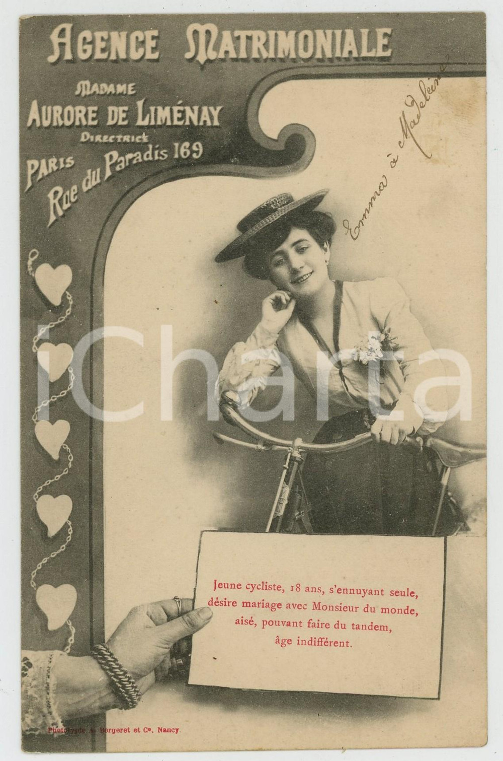 1903 PARIS Agence matrimoniale Aurore de LIMENAY - Carte postale jeune cycliste  Cartolina pubblicitaria, originale d'epoca, viaggiata. GOOD/buono  Formato: 14x9 cm originale e autentica 1