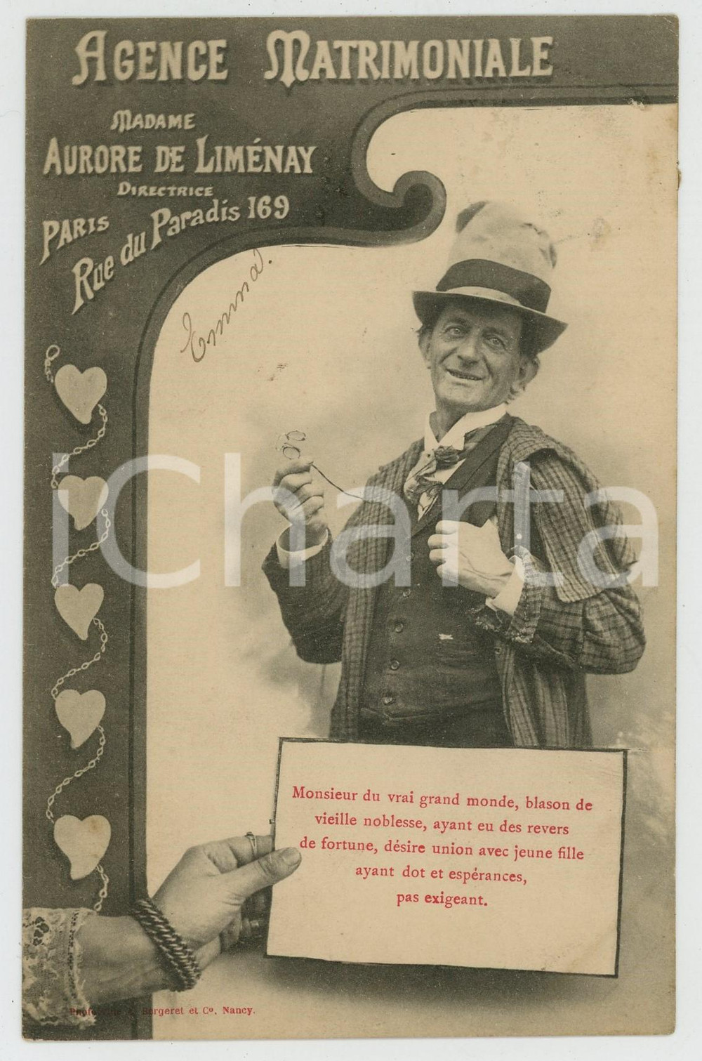 1903 PARIS Agence matrimoniale Aurore de LIMENAY - Carte postale noble homme  Cartolina pubblicitaria, originale d'epoca, viaggiata. GOOD/buono  Formato: 14x9 cm originale e autentica 1