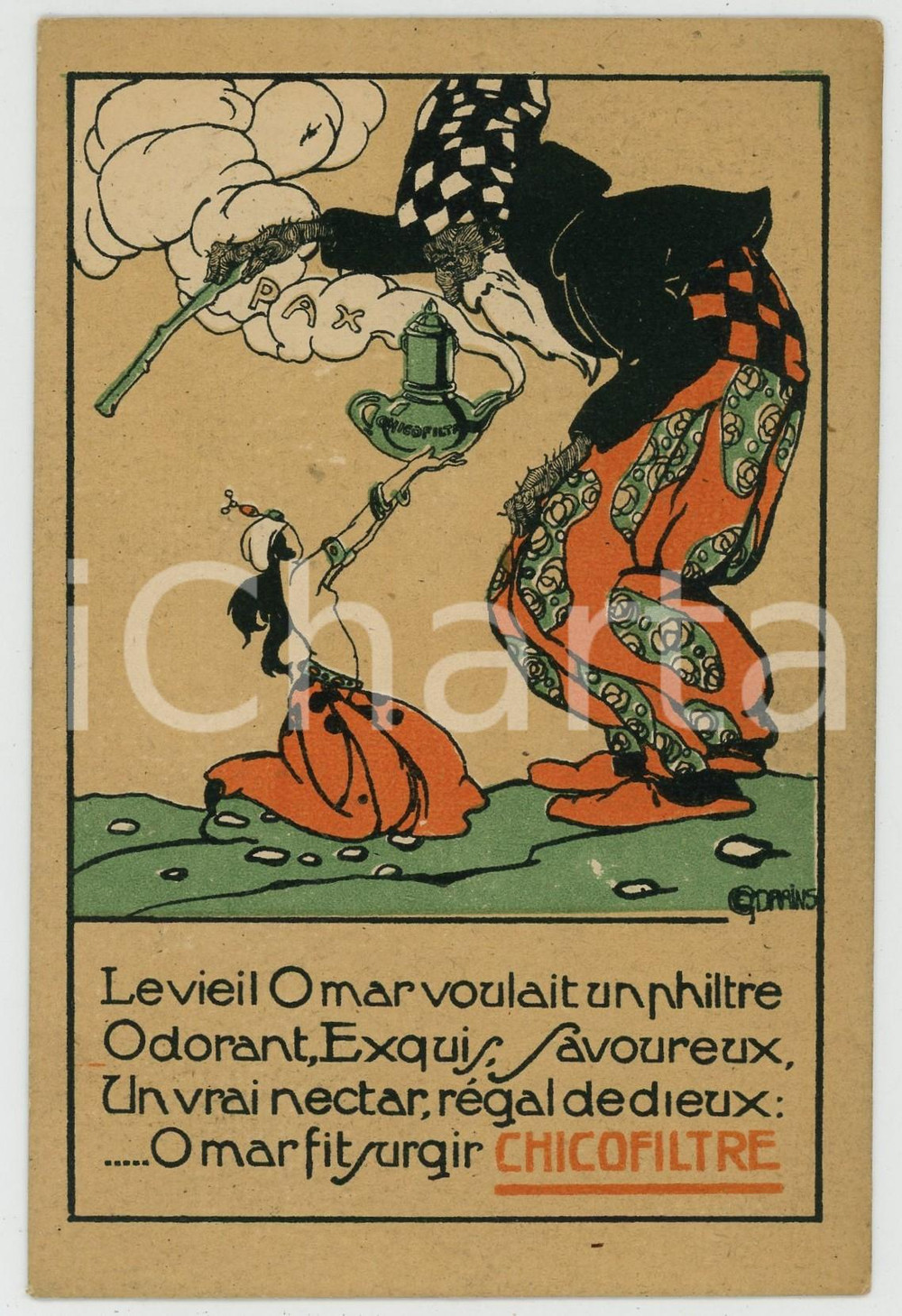 1920 ca Omar fair surgir CHICOPHILTRE - Carte publicitaire illustrée 9x14 cm  Cartoncino pubblicitario d'epoca, illustrato.CONDIZIONI: GFORMATO: 9x14 cm    originale e autentica 1