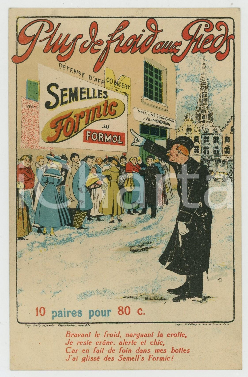 1910 ca BELGIQUE Semelles FORMIC au FORMOL - Froid aux pieds - Carte postale  Cartolina postale pubblicitaria d'epoca, illustrata a colori, non viaggiata. GOOD/buono  Formato: 9x14 cm originale e autentica 1